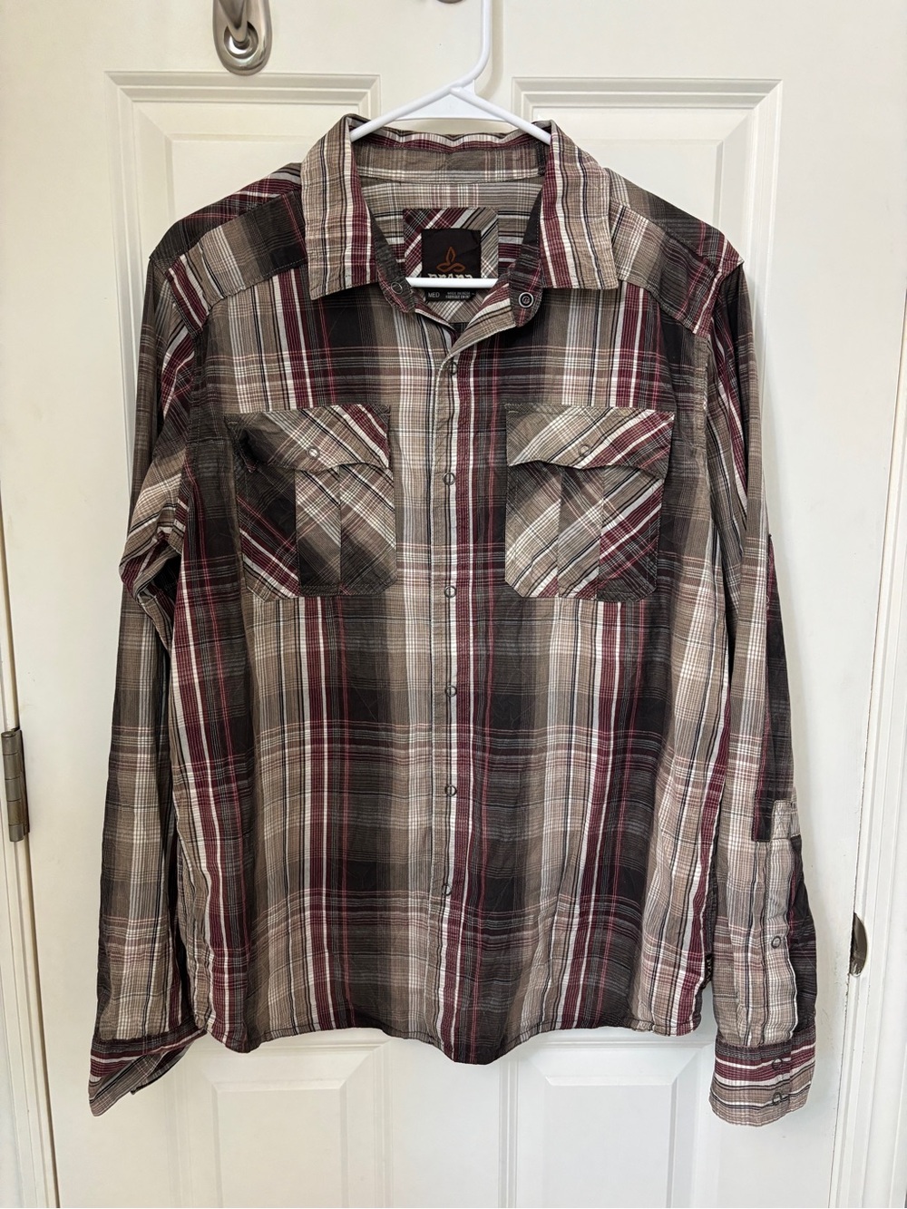 Prana Men’s Plaid Snap-Front Button Shirt in Burgundy and Brown, sz M